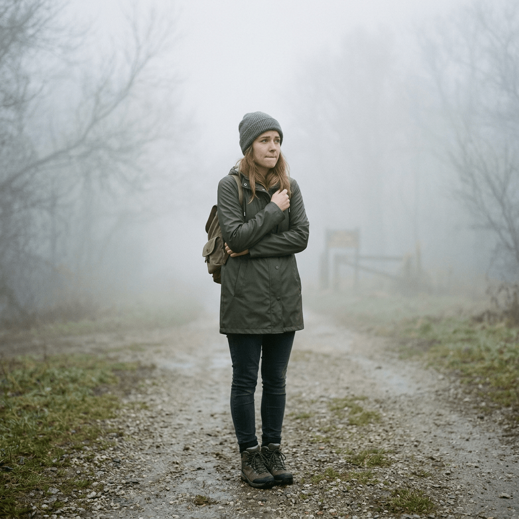 Woman in green coat and gray beanie standing on a foggy dirt path in a forest