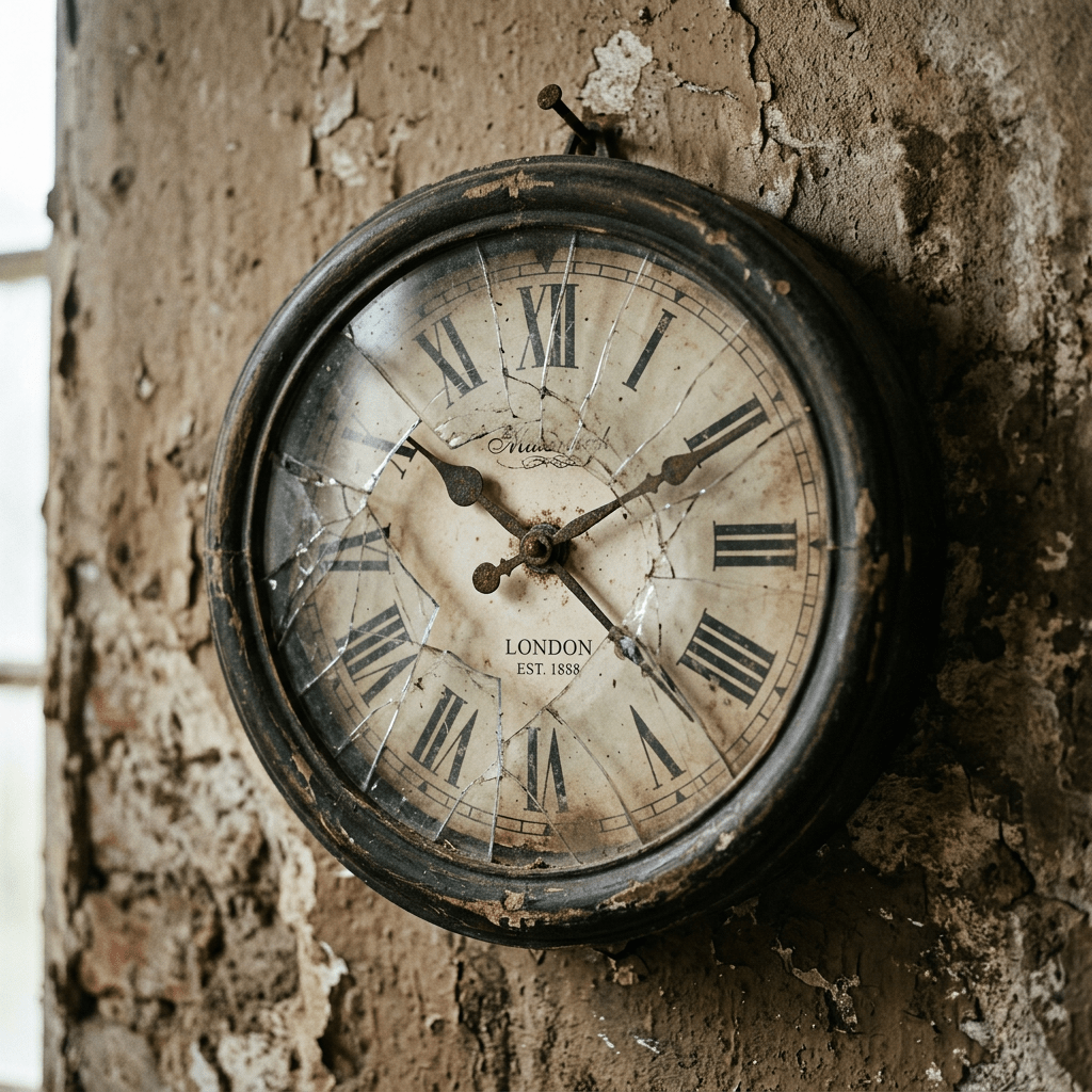 Antique wall clock with cracked glass showing Roman numerals and rusty frame