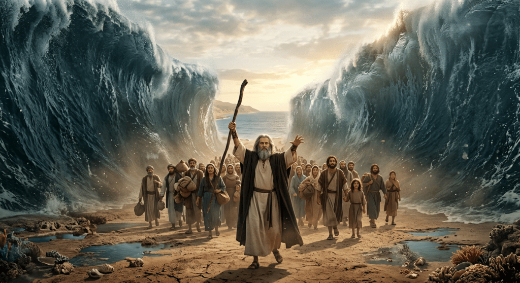 A man with a staff leads a group of people walking between towering parted waves