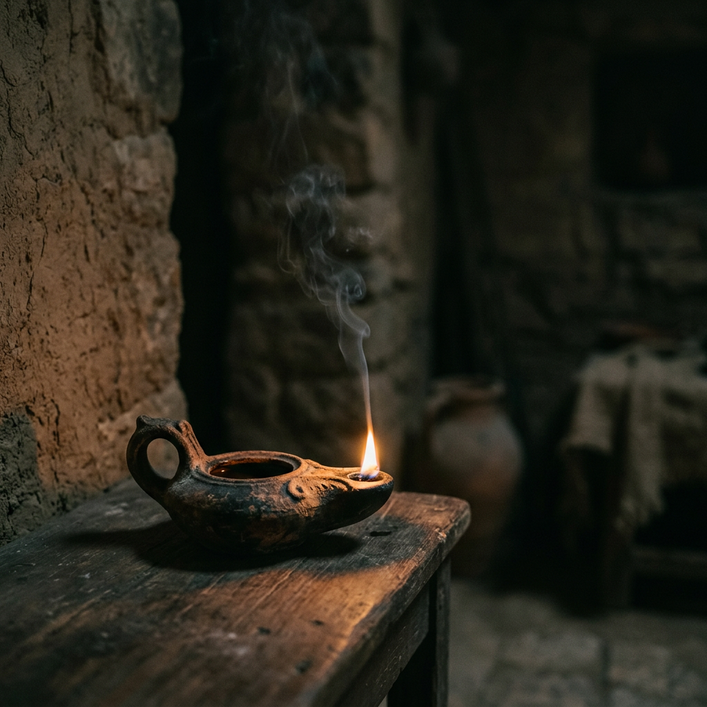 Ancient clay oil lamp with small flame and smoke on wooden table