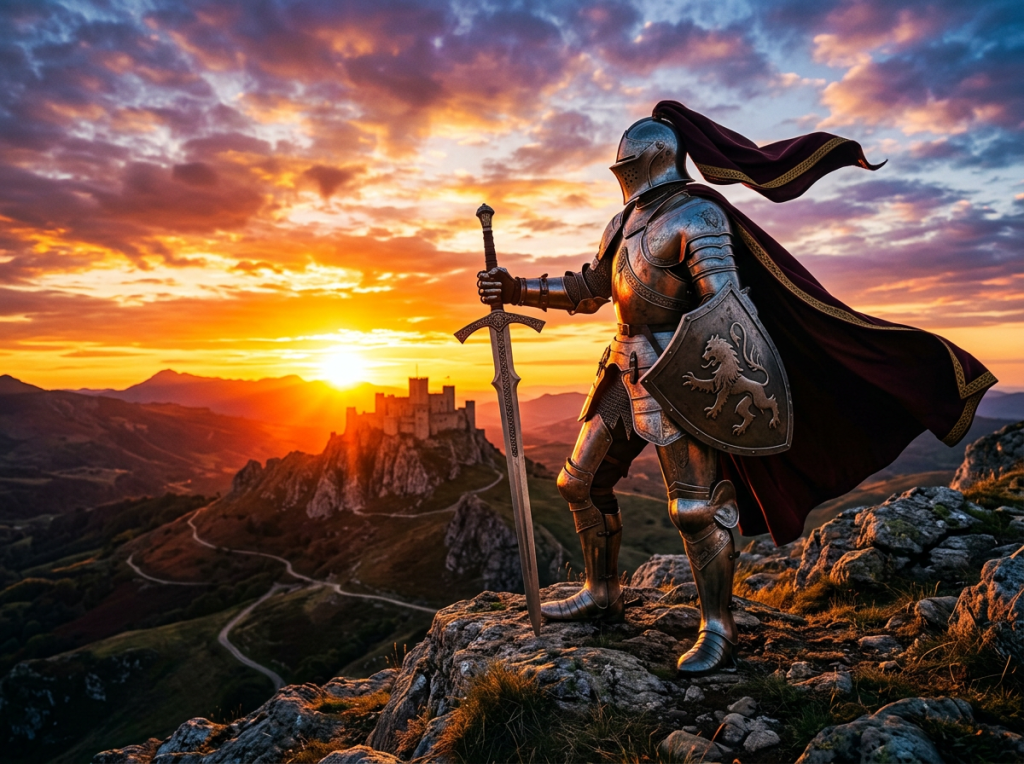 Knight in armor holding sword and shield looking at castle on hill at sunset