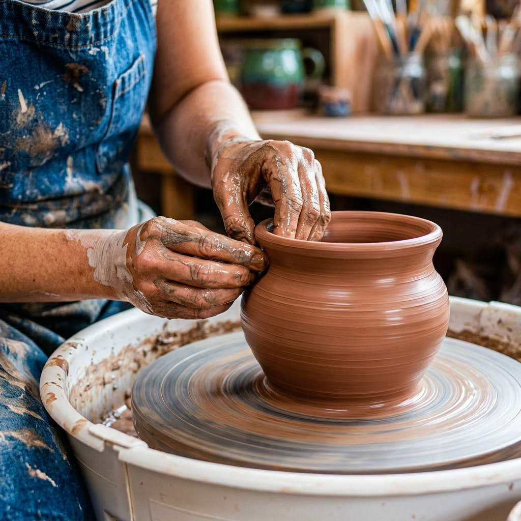 Clay pot being shaped on spinning pottery wheel by skilled hands