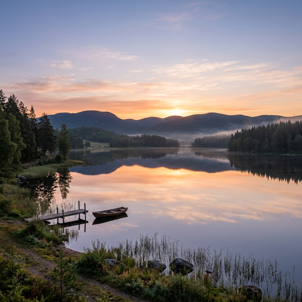 Calm lake at sunrise with dock, boat, surrounding forest, and mountains