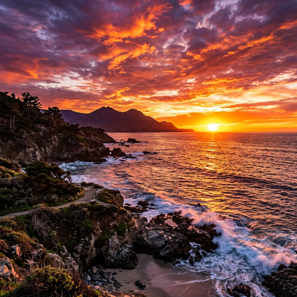 Sunset over rocky coastline with waves crashing and colorful cloudy sky