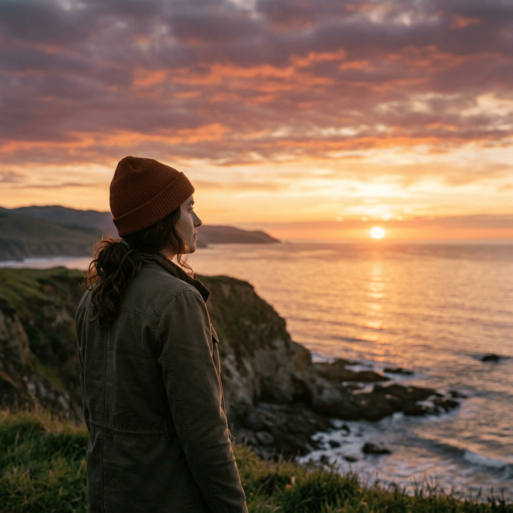 Person in orange beanie and green jacket looking at sunset over ocean cliffs