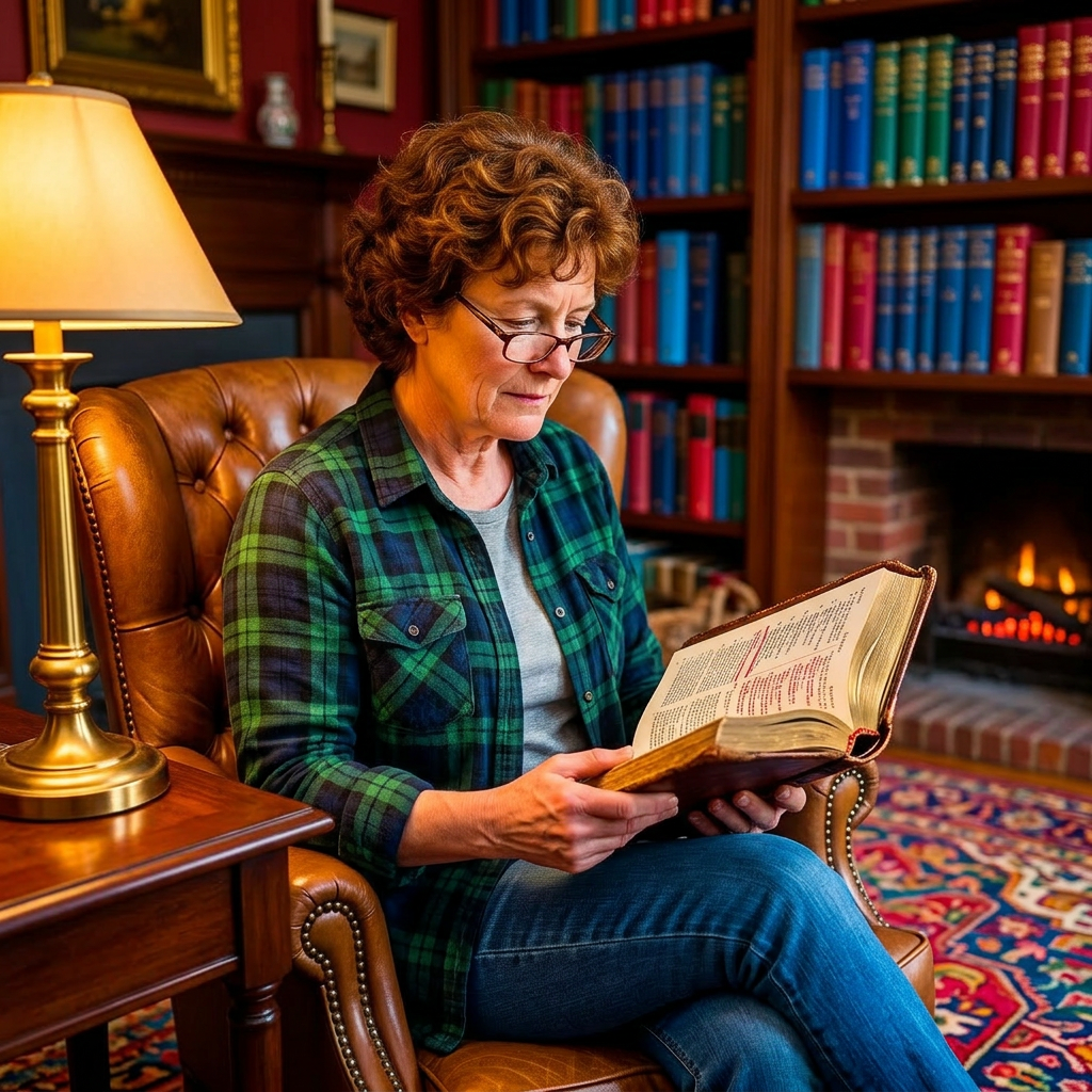 Woman seated in leather armchair reading an old book near a fireplace