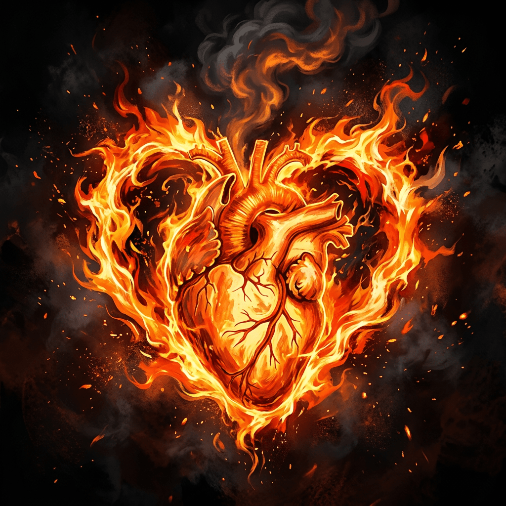 An anatomical human heart surrounded by bright orange and yellow flames forming a heart shape