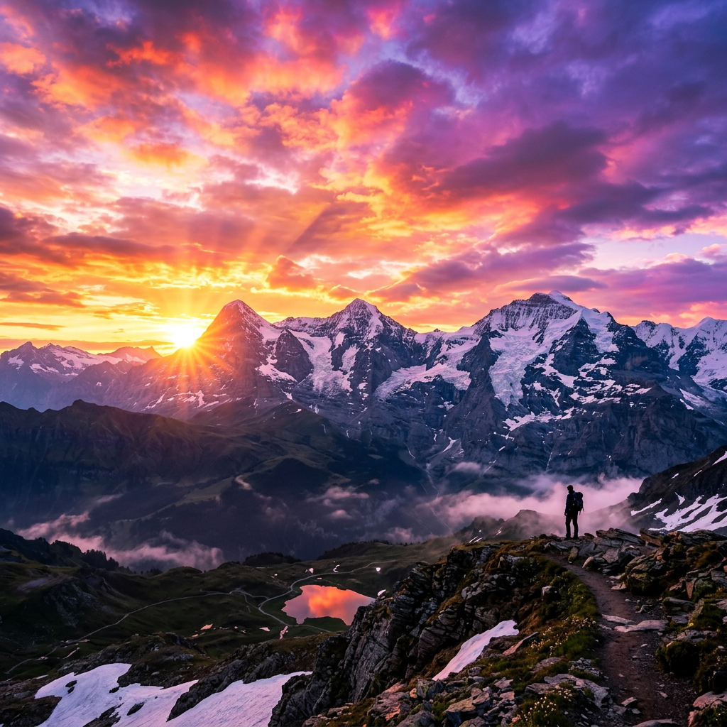 Hiker on mountain trail with snow-covered peaks and colorful sunset sky