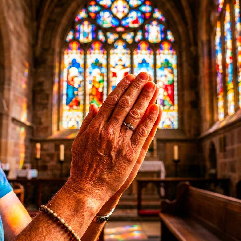 Hands clasped in prayer holding a rosary with a cross in a church