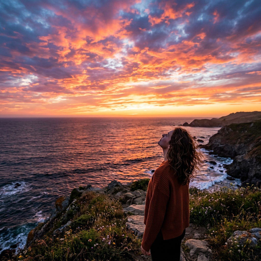 Woman standing on coastal cliffs looking up during colorful sunset