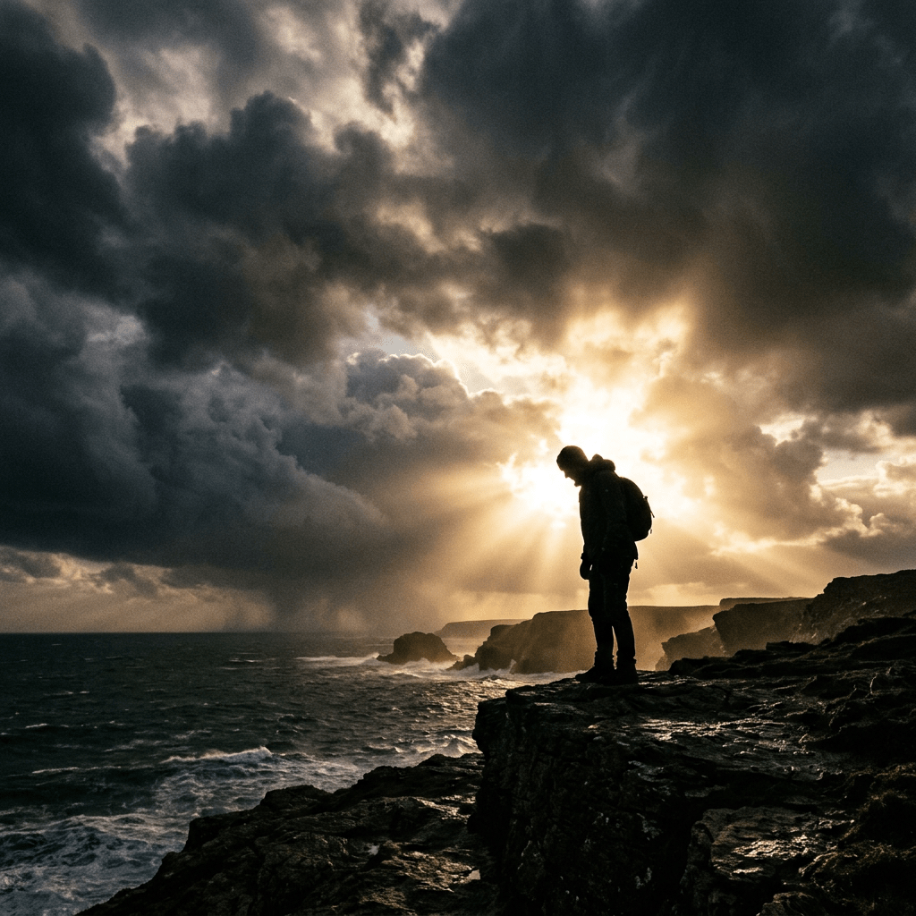 Silhouette of a hiker on rocky cliffs with dramatic sun rays breaking through dark clouds over ocean