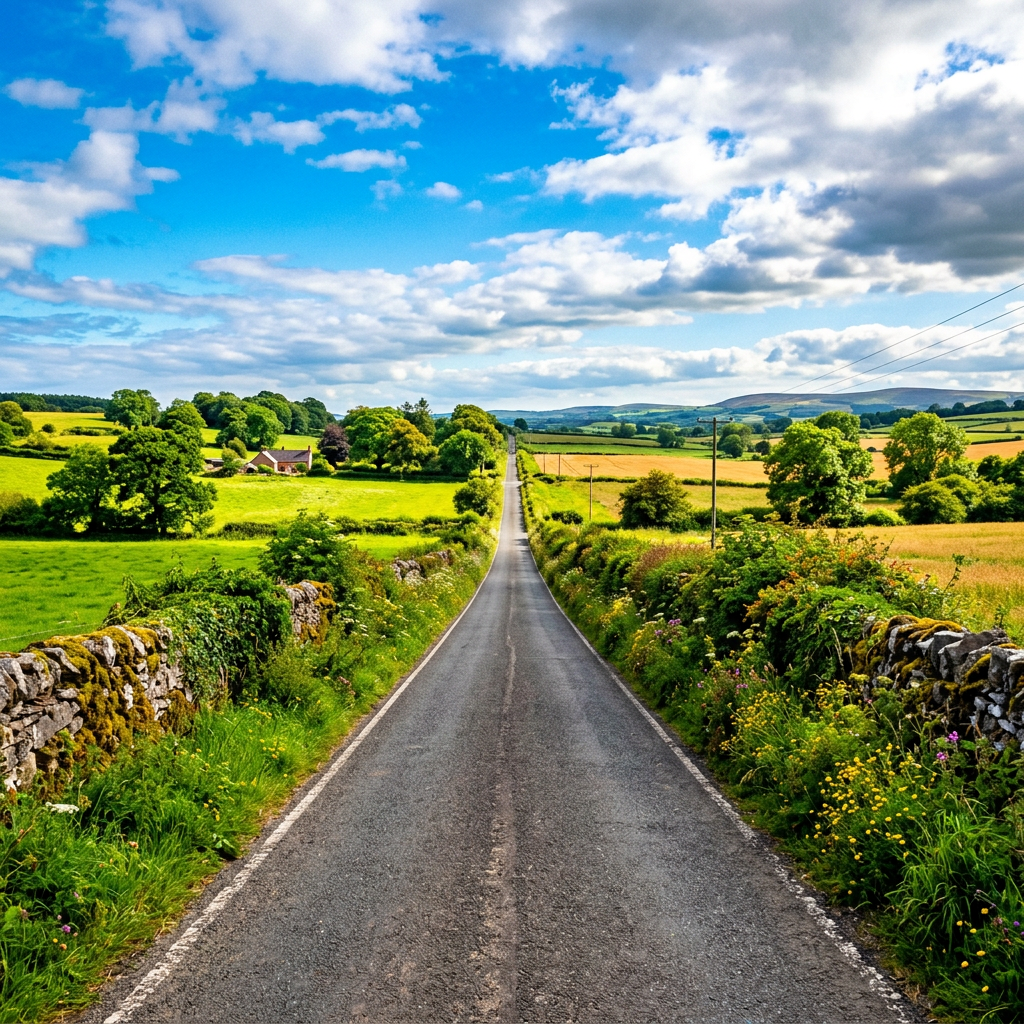 Long straight rural road dividing green and yellow fields with stone walls and scattered trees
