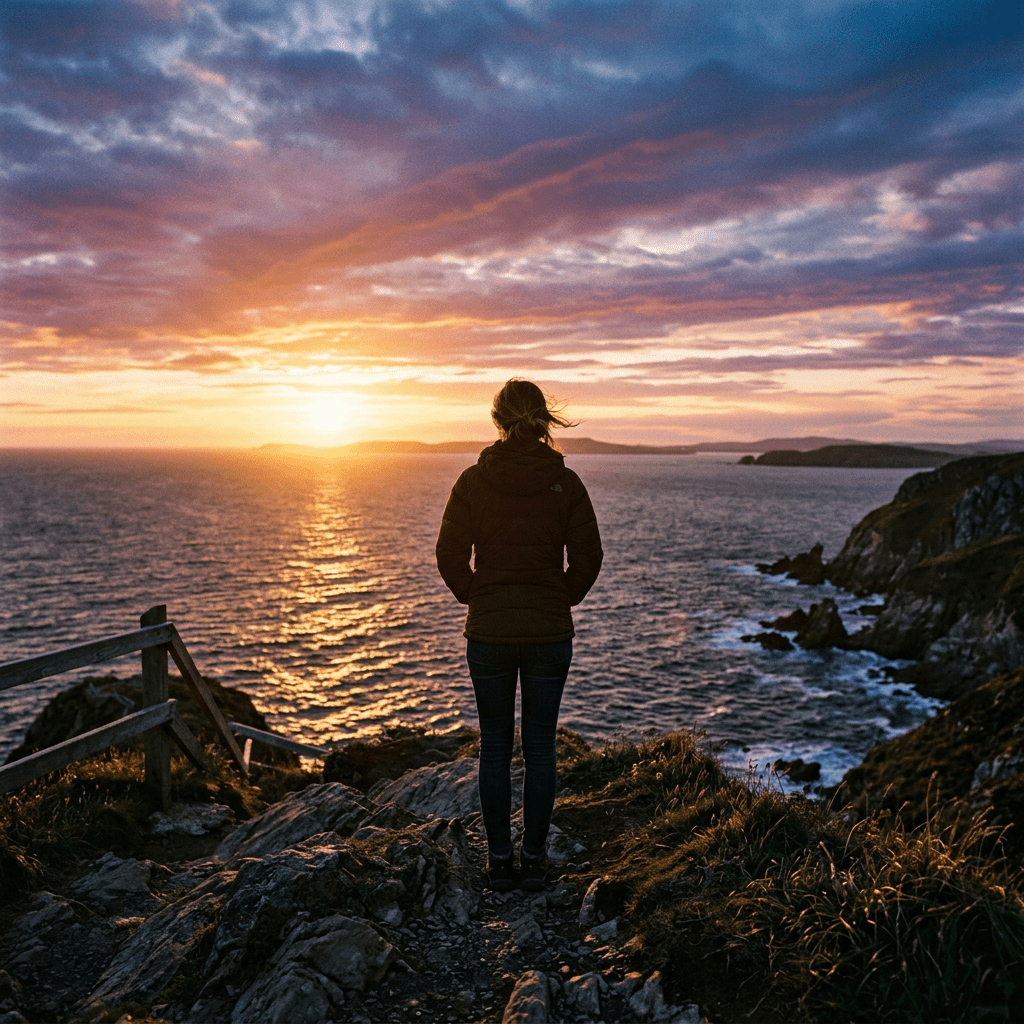 Person in jacket standing on cliff edge overlooking ocean at sunset