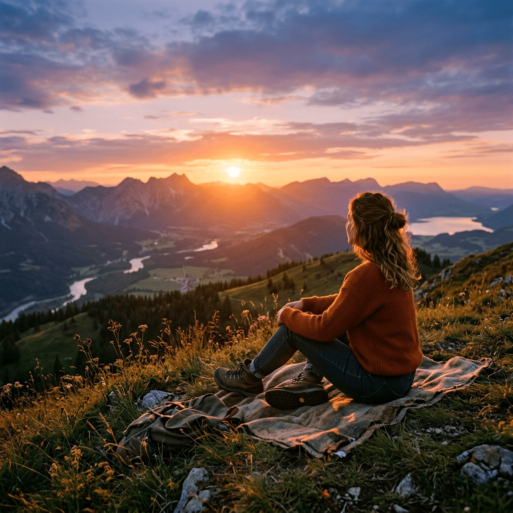 Woman sitting on a blanket on grassy hillside watching sunset over mountain valley with river and lake