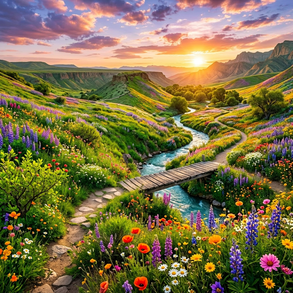 Valley with a flowing river, wooden bridge, colorful wildflowers, and mountains at sunset