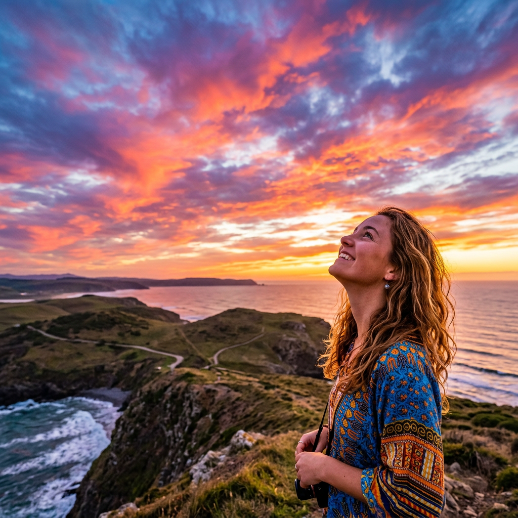 Woman smiling and looking up at a fiery sunset over cliffs and ocean