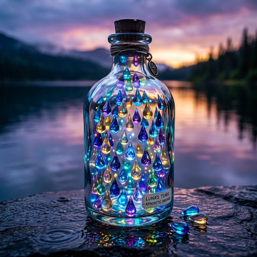 Glass bottle with glowing colorful teardrop-shaped lights inside on a wet surface near a lake at sunset
