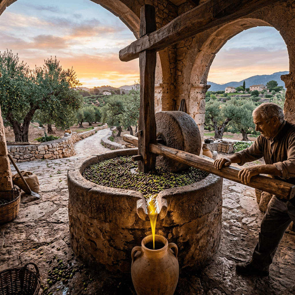 Man pressing olives with traditional stone mill extracting olive oil into clay jar