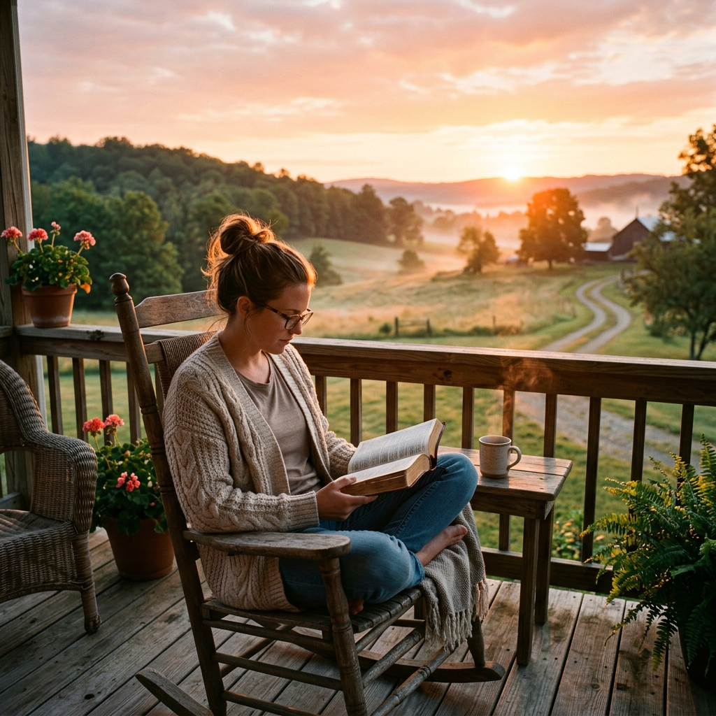 Woman reading book on wooden porch at sunrise with steaming mug nearby