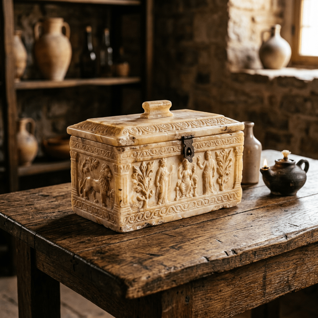 Rectangular alabaster box with carved figures and lock on wooden table