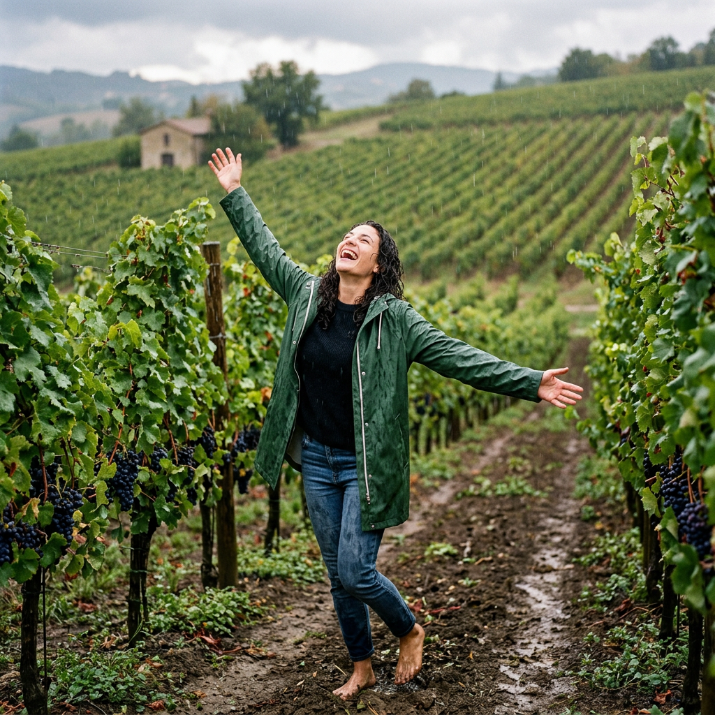 Woman in green raincoat barefoot in a rainy vineyard with raised arms