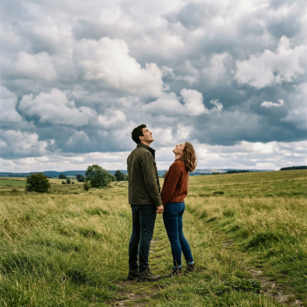 Couple holding hands standing in grassy field looking up at cloudy sky