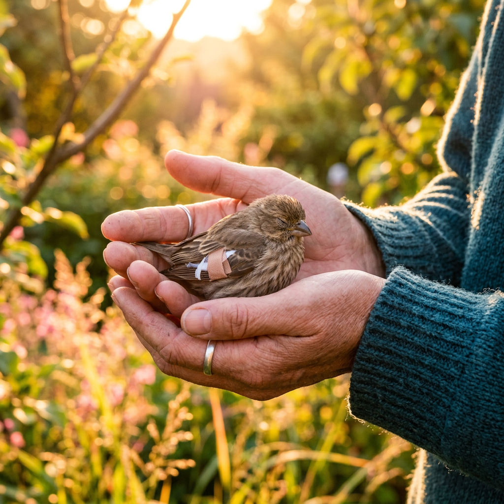 Hands gently holding a small bird with a bandaged wing