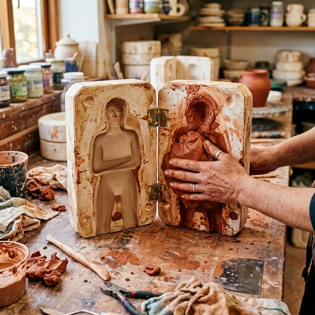Hands pressing clay into a two-part ceramic mold shaped like a human figure