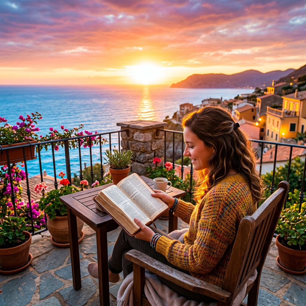 Woman sitting on terrace reading a book at sunset overlooking the ocean