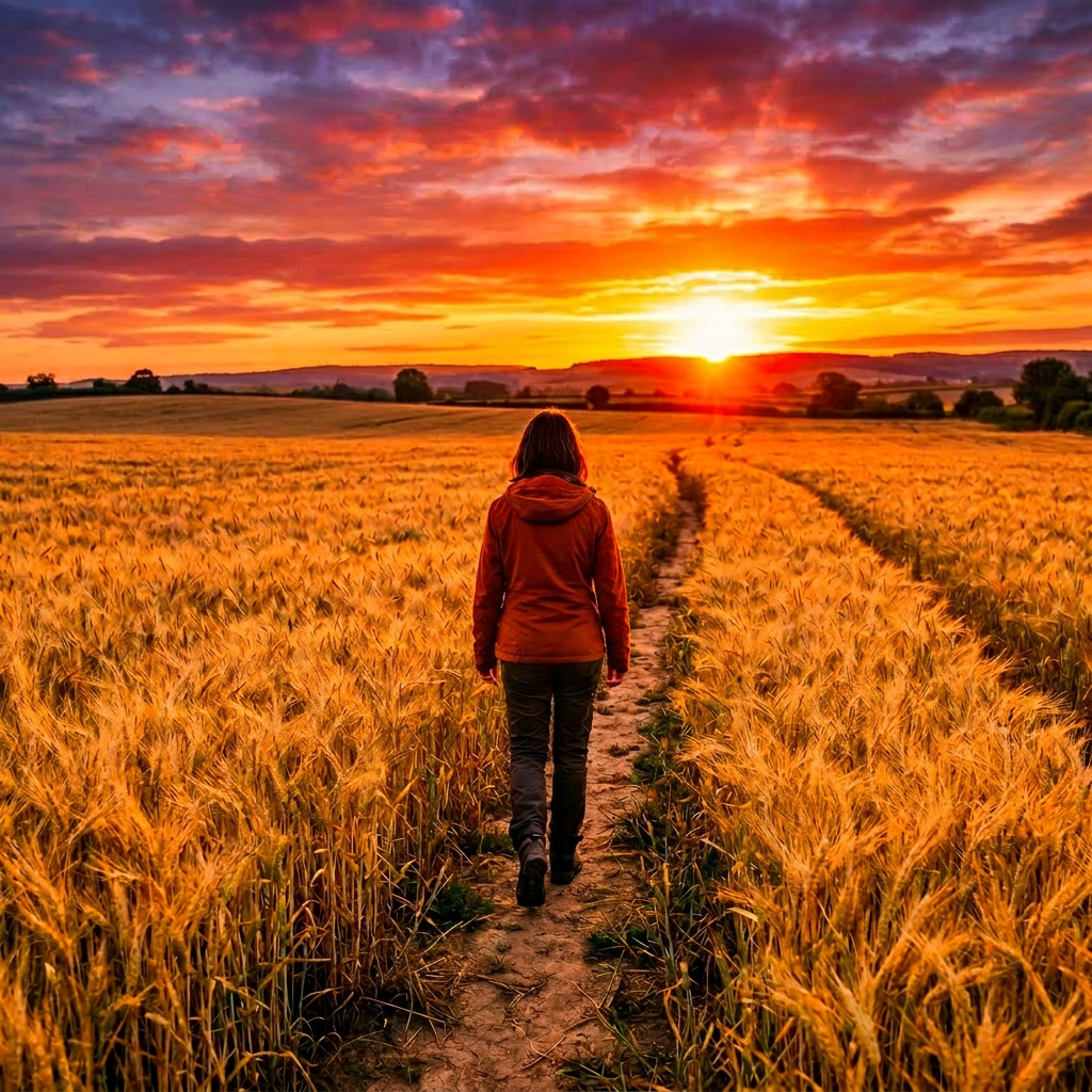 Person walking on dirt path through golden wheat field at sunset