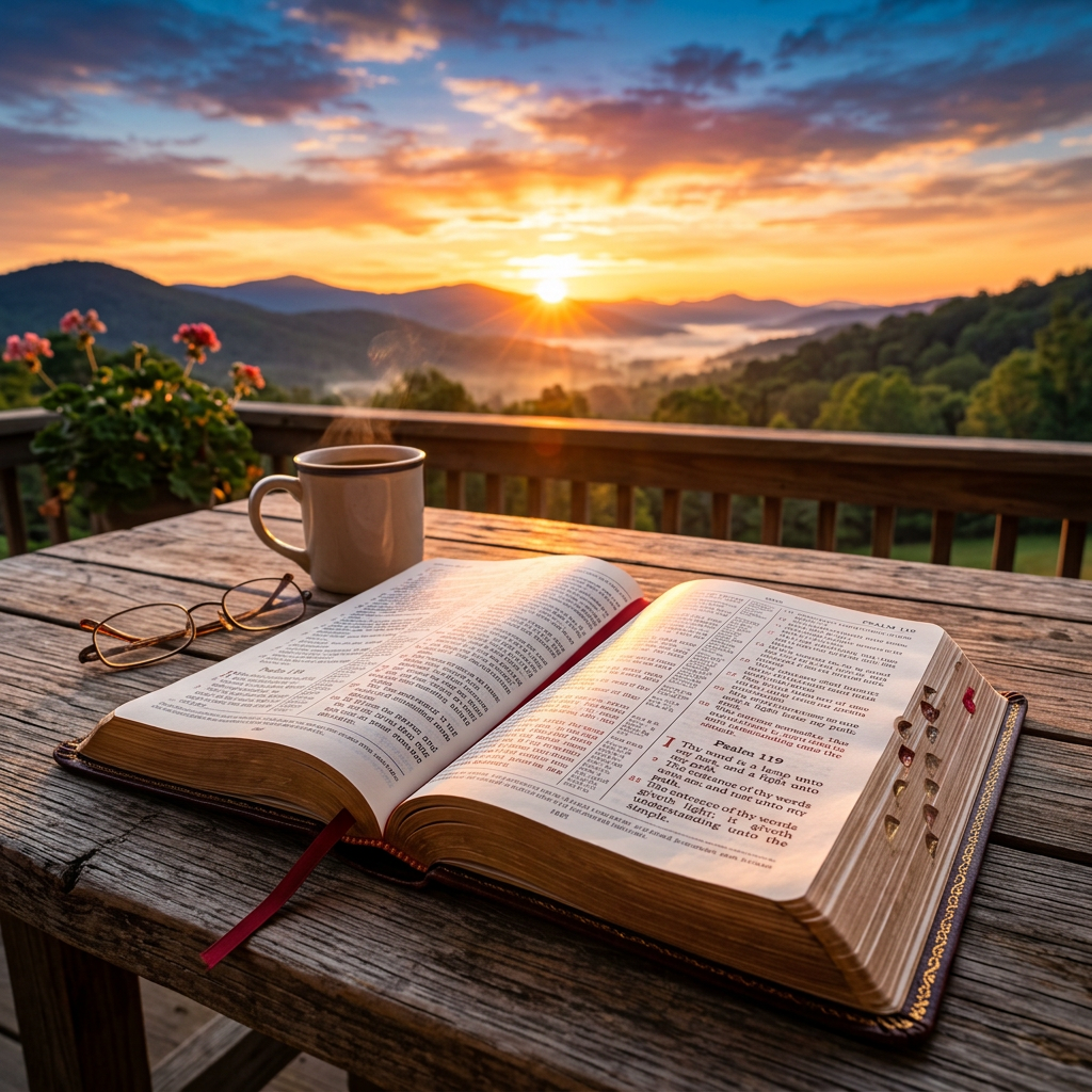 Open Bible on rustic table with coffee cup and glasses at mountain sunrise