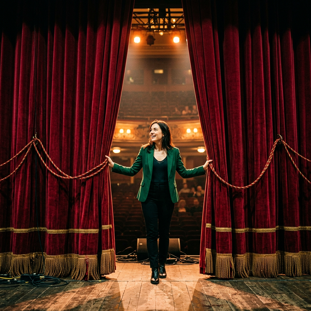 Woman in green blazer opening red velvet theater curtains on stage