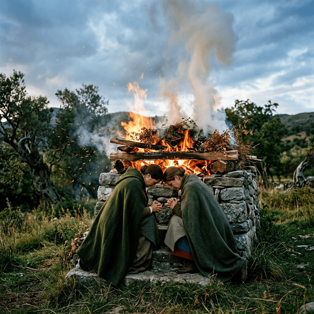 Two individuals wrapped in green blankets kneeling by a stone fire altar with flames and smoke