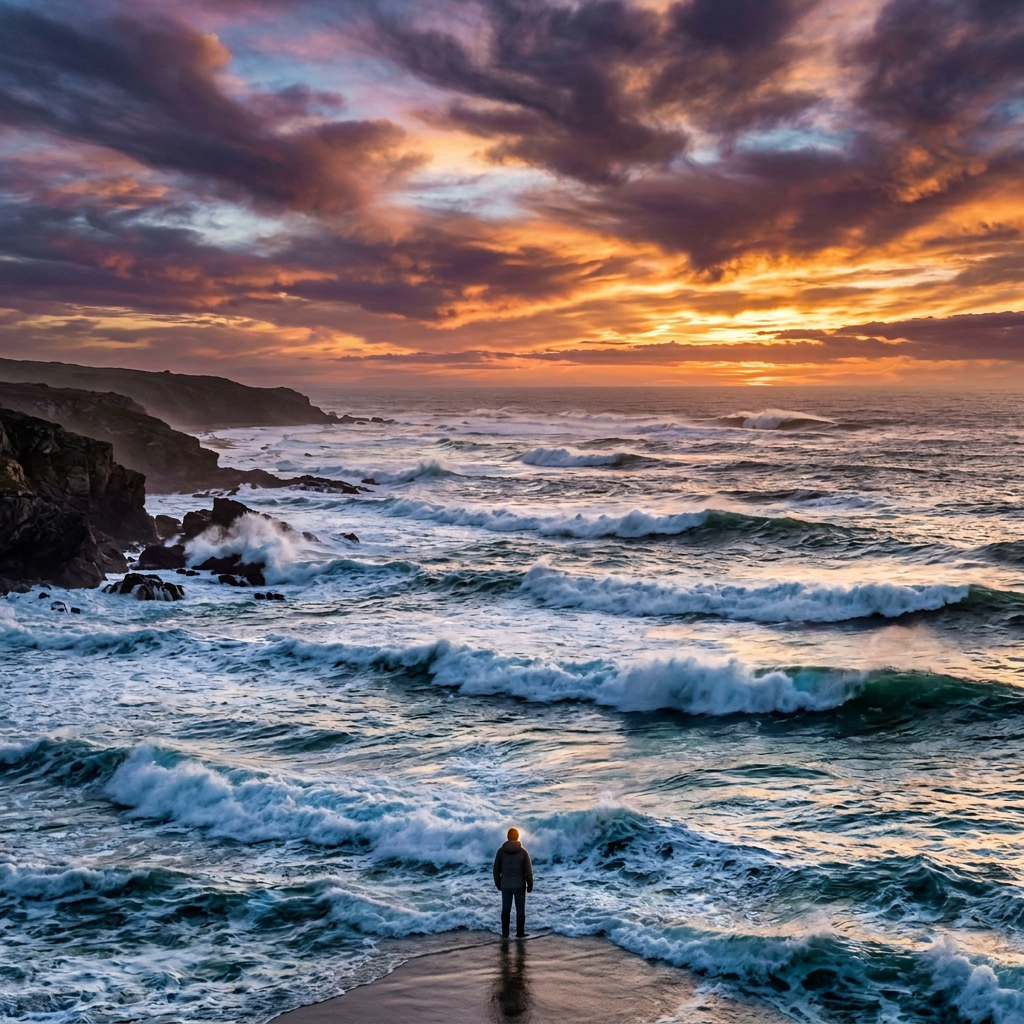Waves hitting rocky coastline during sunset with vibrant orange and purple clouds