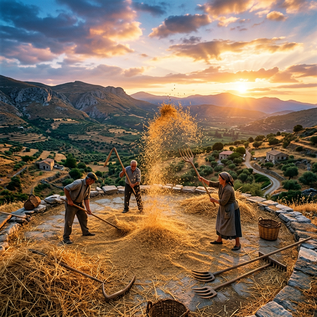 Three farmers threshing grain on a stone platform with mountain landscape at sunset
