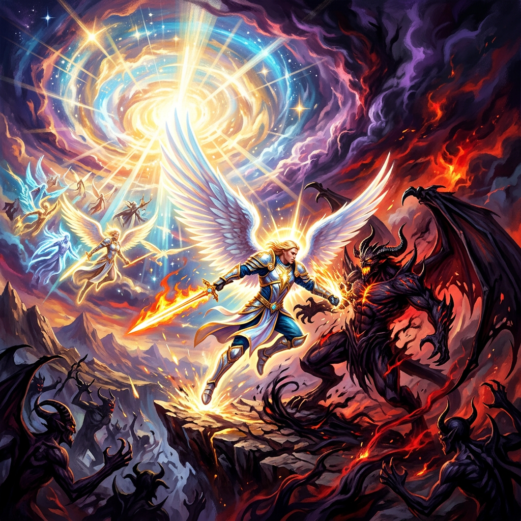 Angel with glowing sword fighting demon surrounded by other angels and demons