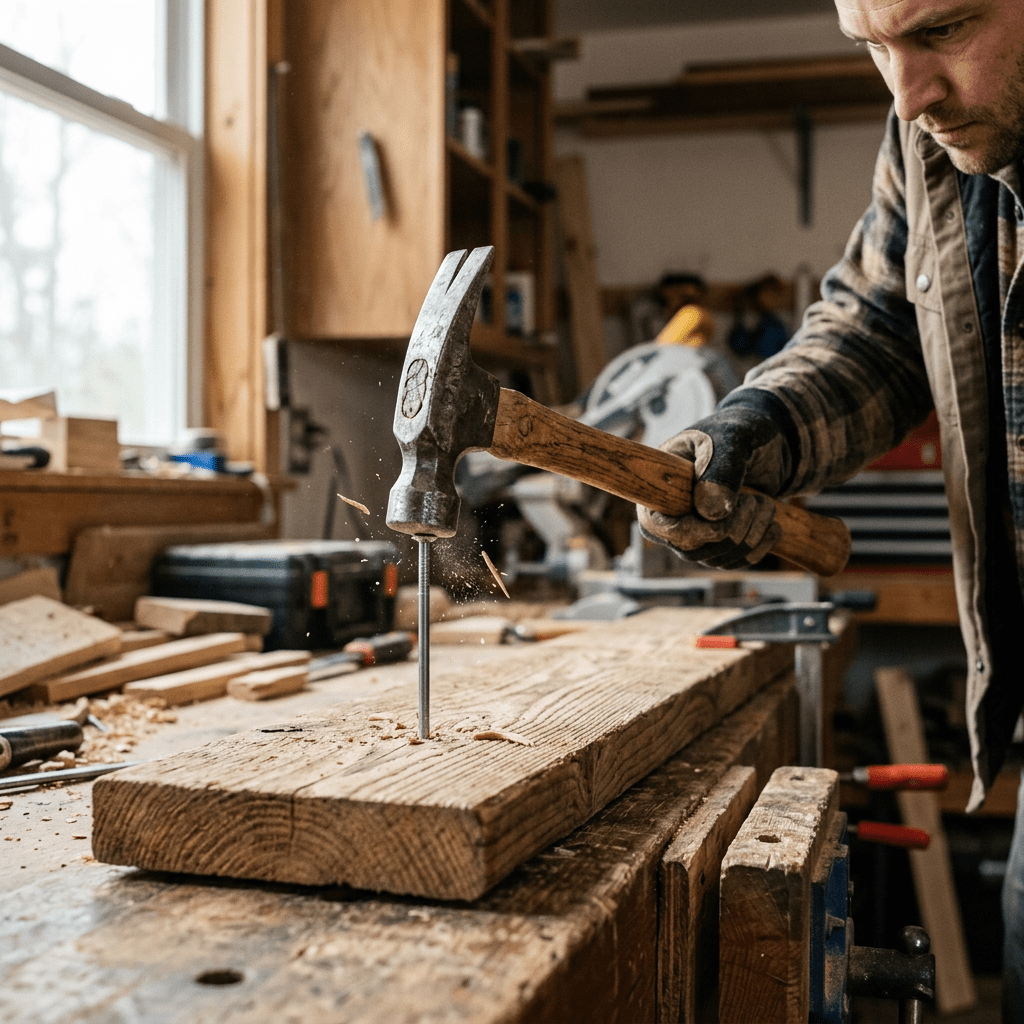 Craftsman hammering a nail into a wooden plank